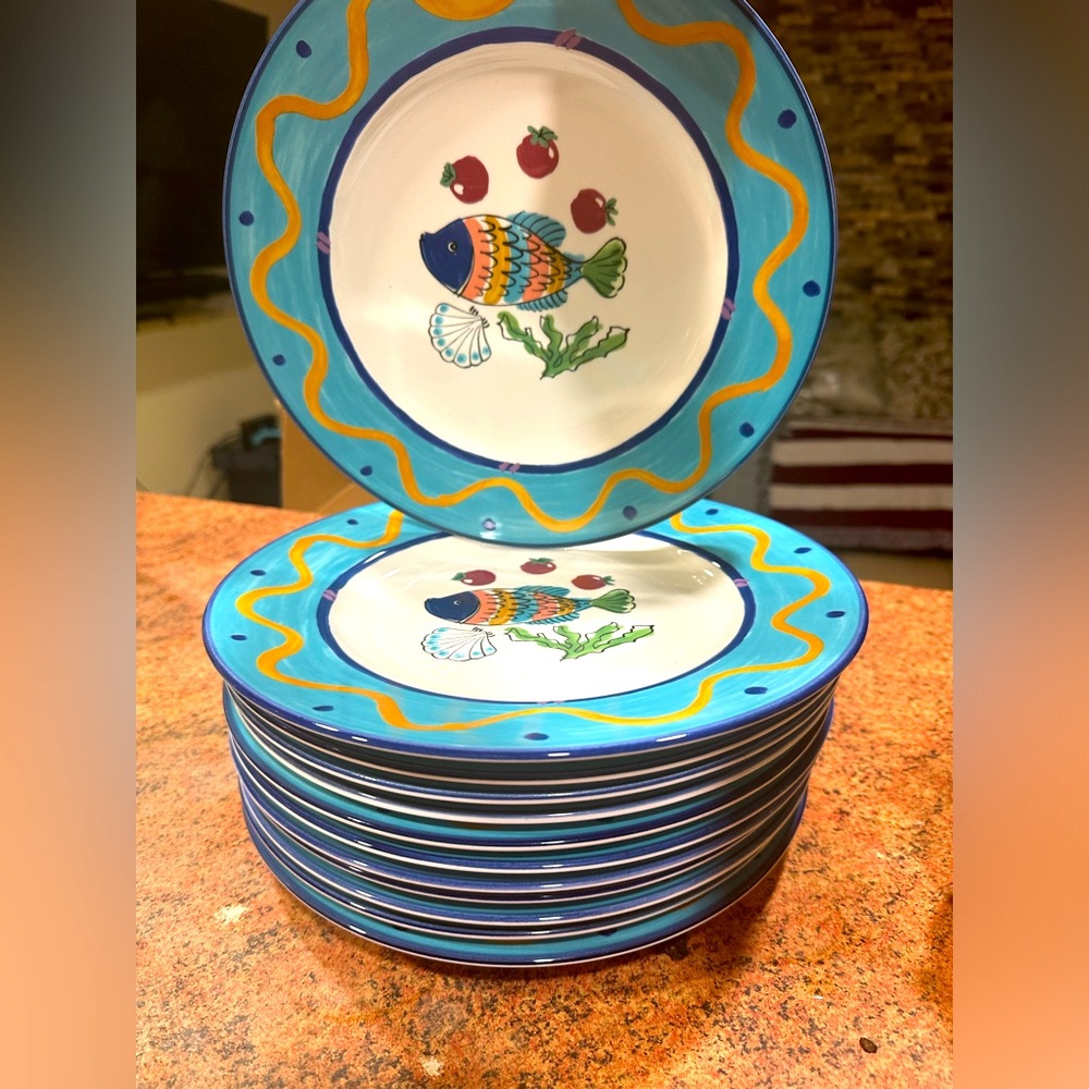 MIKASA Set of 12 Ocean Collage Dinner Plates, Aqua Band, Fish & Fruit Center